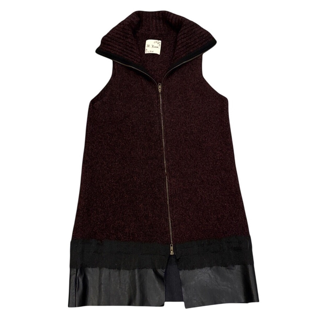 M. Rena Women's M Burgundy Grunge Wool Blend Longline Zip Vest Faux Leather Trim